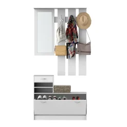Ensemble de meubles d'entrée design contemporain : meuble chaussures, miroir et panneau porte-manteau panneaux de particules blanc