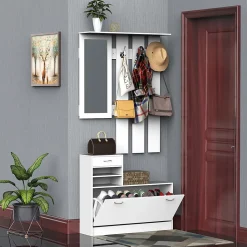 Ensemble de meubles d'entrée design contemporain : meuble chaussures, miroir et panneau porte-manteau panneaux de particules blanc