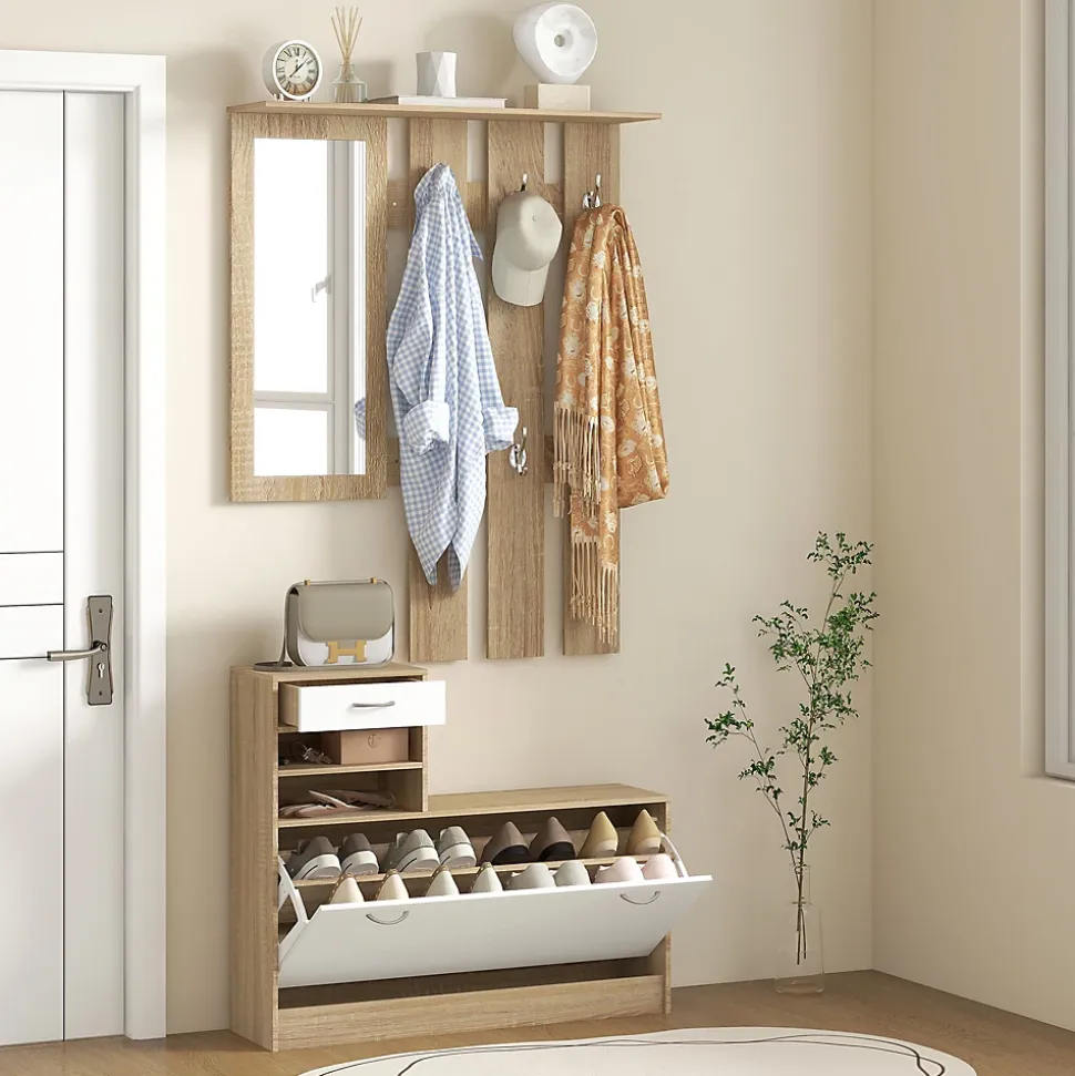 Ensemble de meubles d'entrée design contemporain blanc effet bois clair