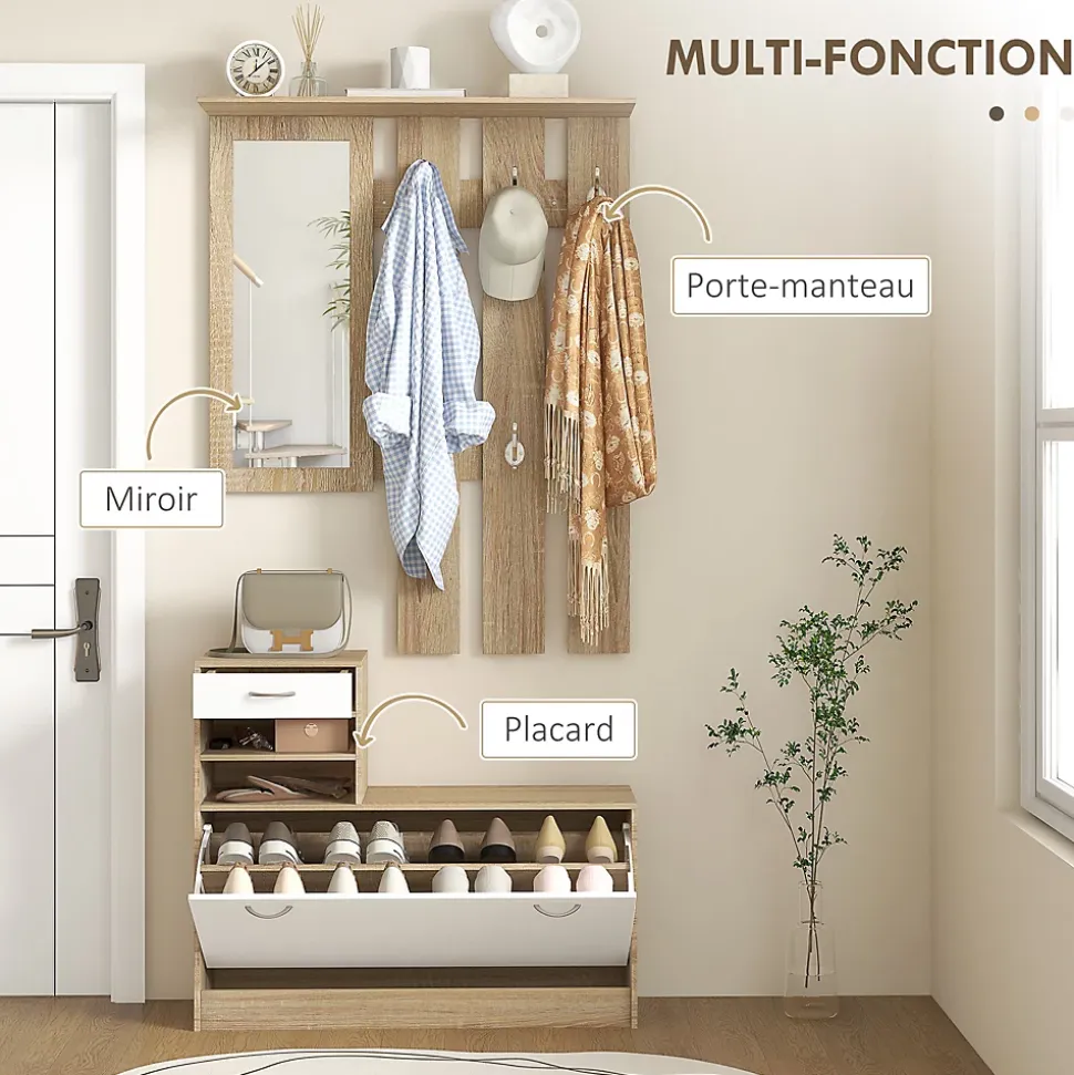Ensemble de meubles d'entrée design contemporain blanc effet bois clair