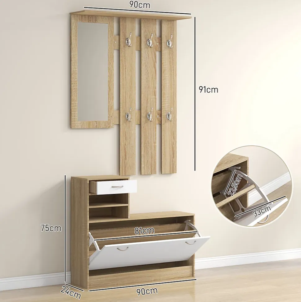Ensemble de meubles d'entrée design contemporain blanc effet bois clair