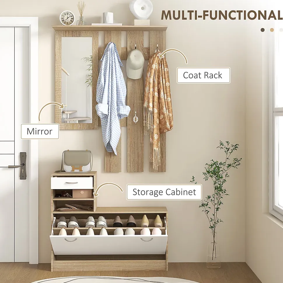 Ensemble de meubles d'entrée design contemporain blanc effet bois clair