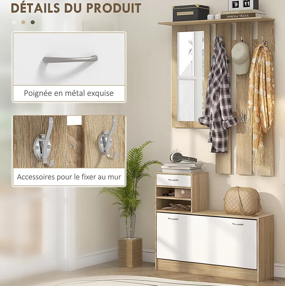 Ensemble de meubles d'entrée design contemporain blanc effet bois clair