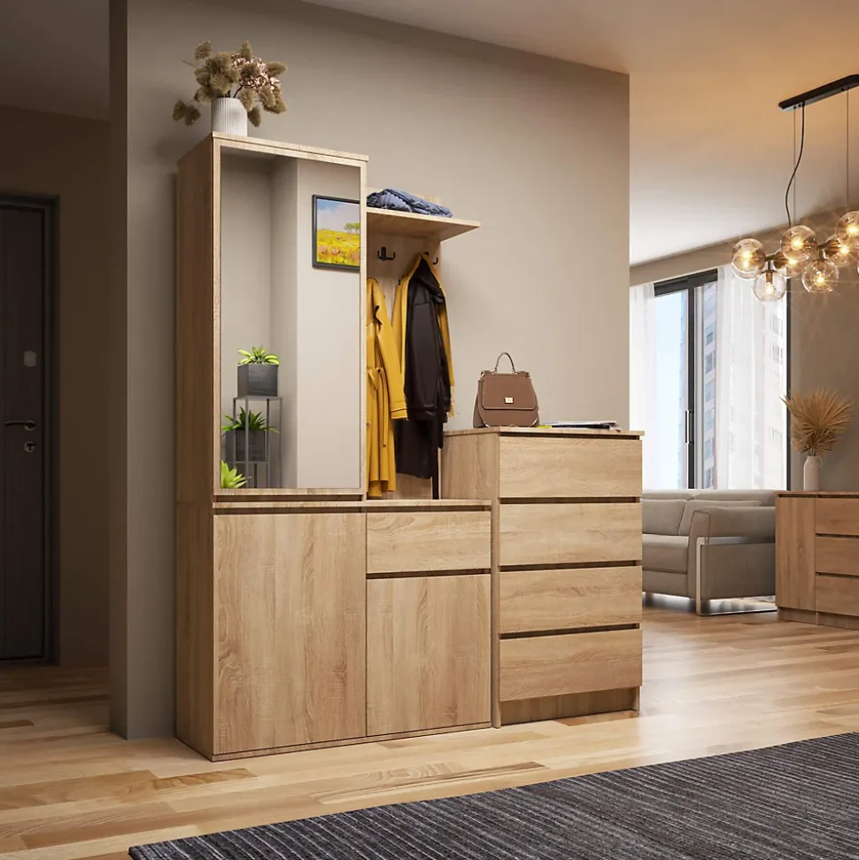 Ensemble de meubles d'entrée ENTRO Chêne Sonoma avec armoire et miroir 95 cm 3 portes 1 tiroir 7 étagères 95x35x183 cm