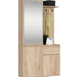 Ensemble de meubles d'entrée ENTRO Chêne Sonoma avec armoire et miroir 95 cm 3 portes 1 tiroir 7 étagères 95x35x183 cm