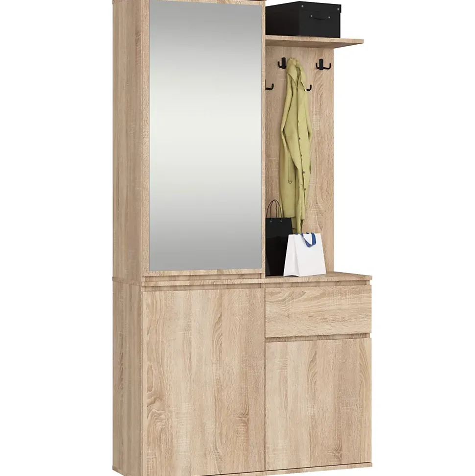 Ensemble de meubles d'entrée ENTRO Chêne Sonoma avec armoire et miroir 95 cm 3 portes 1 tiroir 7 étagères 95x35x183 cm