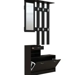 Ensemble de meubles d'entrée design contemporain : meuble chaussures, miroir et panneau porte-manteau panneaux de particules noir