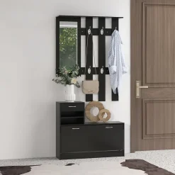 Ensemble de meubles d'entrée design contemporain : meuble chaussures, miroir et panneau porte-manteau panneaux de particules noir