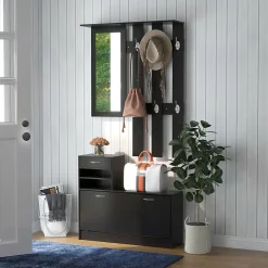 Ensemble de meubles d'entrée design contemporain : meuble chaussures, miroir et panneau porte-manteau panneaux de particules noir