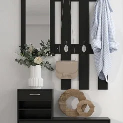 Ensemble de meubles d'entrée design contemporain : meuble chaussures, miroir et panneau porte-manteau panneaux de particules noir