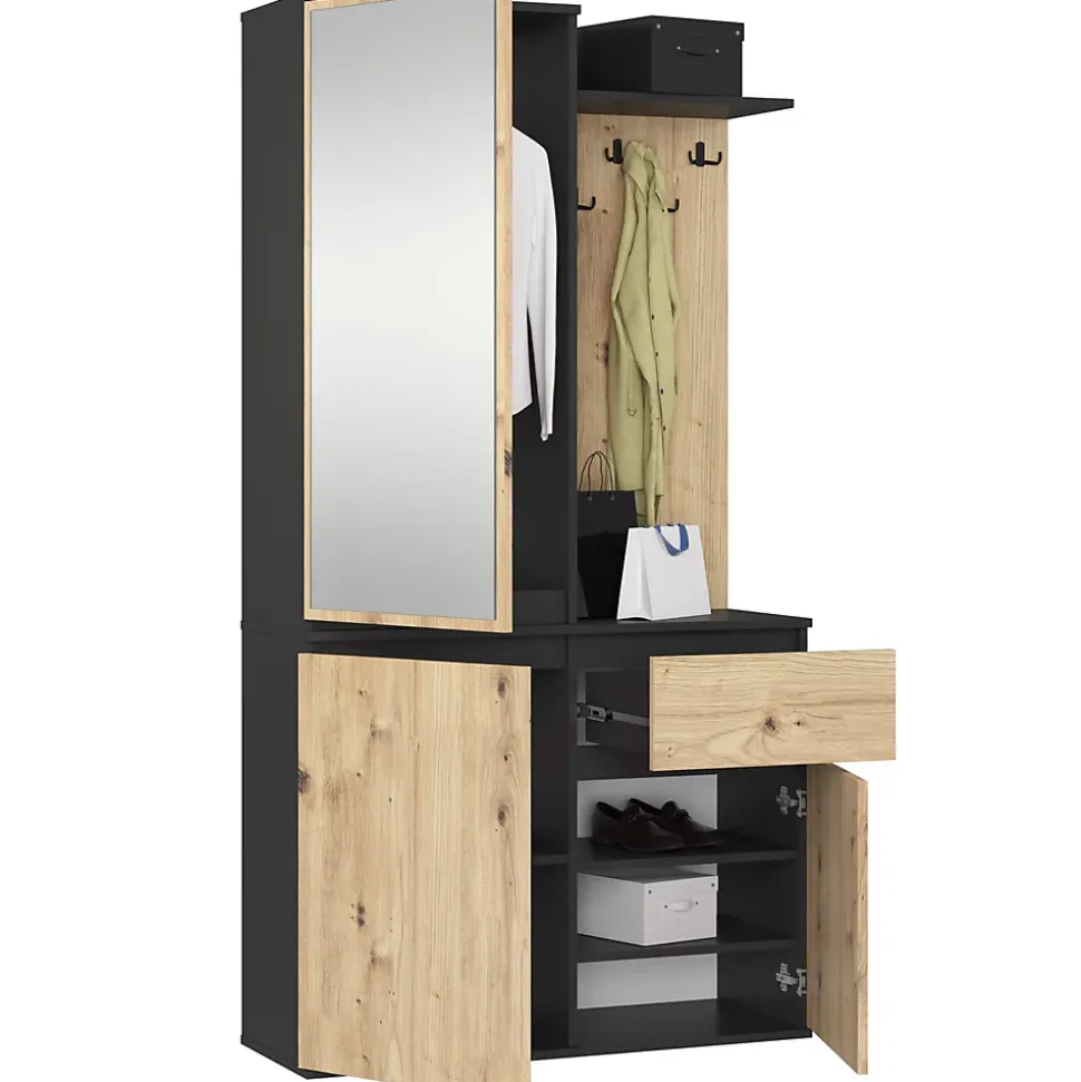Ensemble de meubles d'entrée ENTRO Noir, Chêne Artisan avec armoire et miroir 95 cm 3 portes 1 tiroir 7 étagères 95x35x183 cm