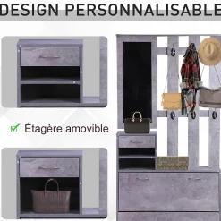 Ensemble de meubles d'entrée design contemporain : meuble chaussures, miroir et panneau porte-manteau effet béton gris