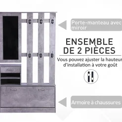 Ensemble de meubles d'entrée design contemporain : meuble chaussures, miroir et panneau porte-manteau effet béton gris