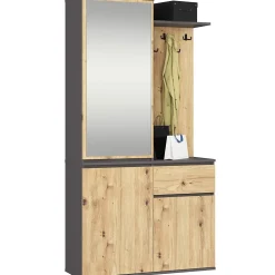 Ensemble de meubles d'entrée ENTRO Gris graphite, Chêne Artisan avec armoire et miroir 3 portes 1 tiroir 7 étagères 95x35x183 cm