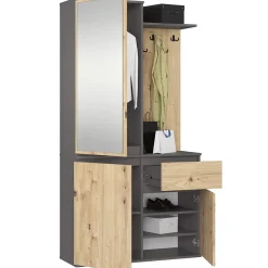 Ensemble de meubles d'entrée ENTRO Gris graphite, Chêne Artisan avec armoire et miroir 3 portes 1 tiroir 7 étagères 95x35x183 cm