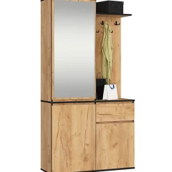 Ensemble de meubles d'entrée ENTRO Chêne Craft avec armoire et miroir 95 cm 3 portes 1 tiroir 7 étagères 95x35x183 cm