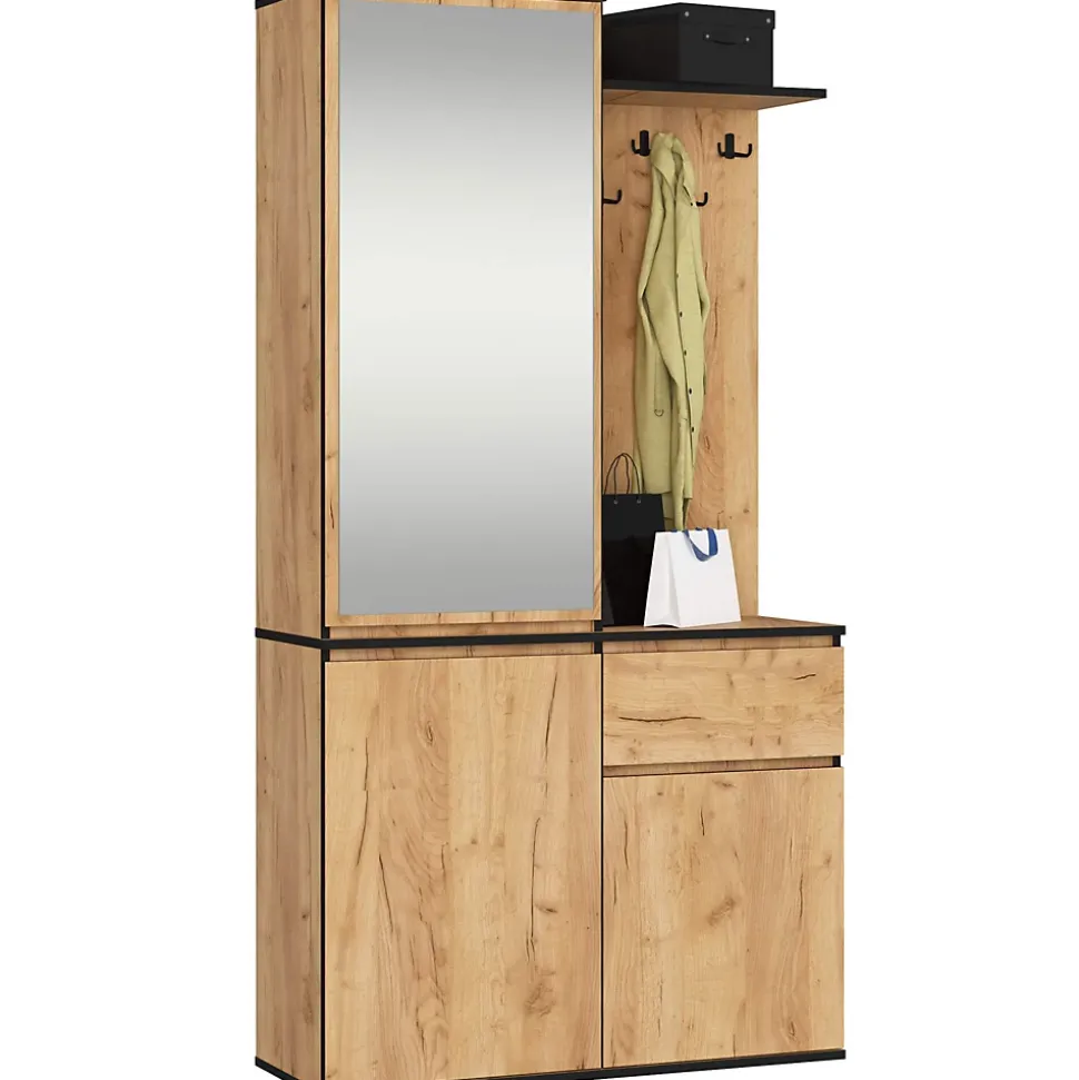 Ensemble de meubles d'entrée ENTRO Chêne Craft avec armoire et miroir 95 cm 3 portes 1 tiroir 7 étagères 95x35x183 cm