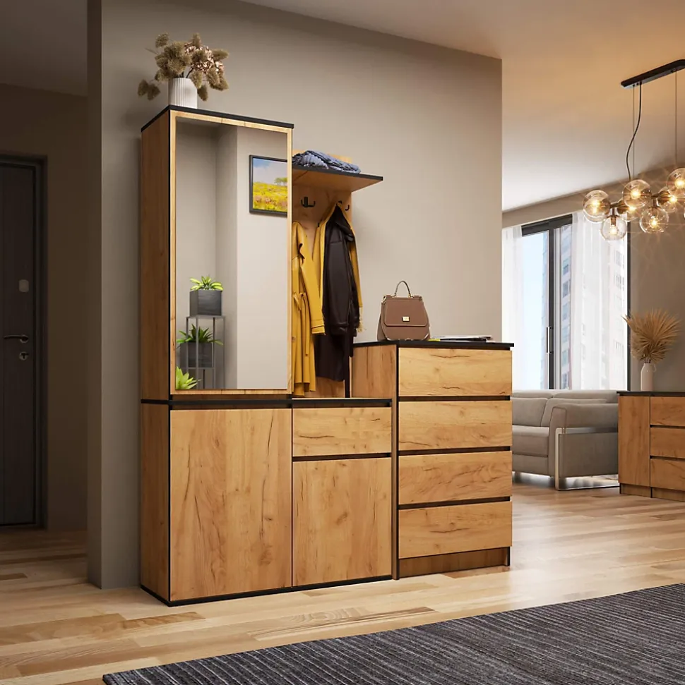 Ensemble de meubles d'entrée ENTRO Chêne Craft avec armoire et miroir 95 cm 3 portes 1 tiroir 7 étagères 95x35x183 cm