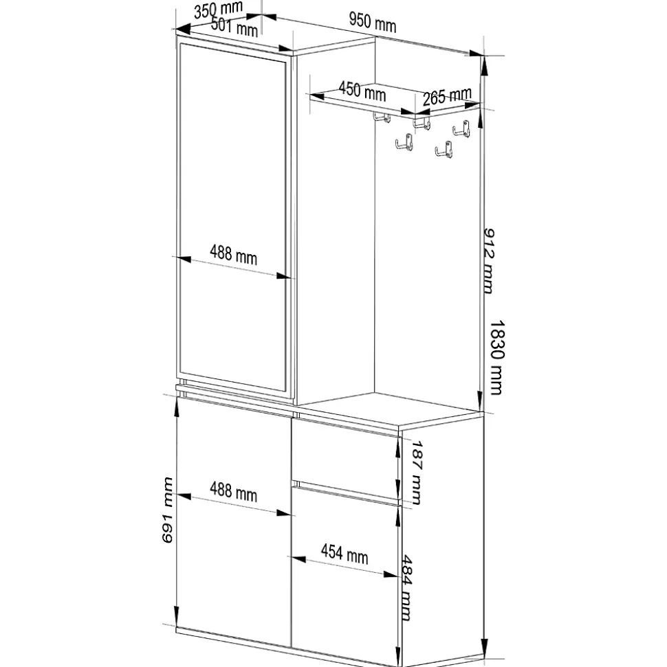 Ensemble de meubles d'entrée ENTRO Chêne Craft avec armoire et miroir 95 cm 3 portes 1 tiroir 7 étagères 95x35x183 cm