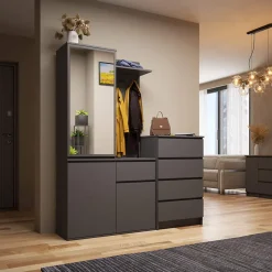 Ensemble de meubles d'entrée ENTRO Gris Graphite avec armoire et miroir 95 cm 3 portes 1 tiroir 7 étagères 95x35x183 cm