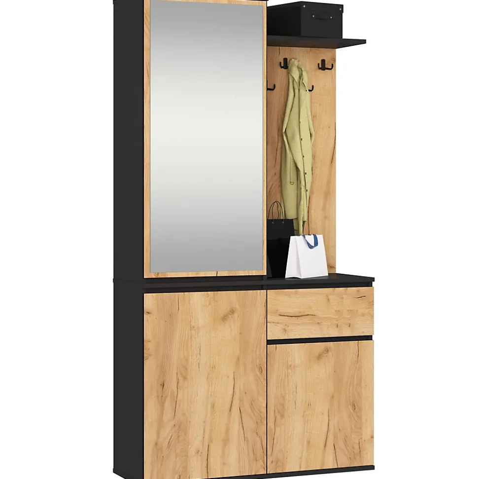 Ensemble de meubles d'entrée ENTRO Noir, Chêne Craft avec armoire et miroir 95 cm 3 portes 1 tiroir 7 étagères 95x35x183 cm
