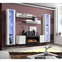 Ensemble de meubles suspendus avec cheminée décorative collection FLY M2. Coloris blanc.