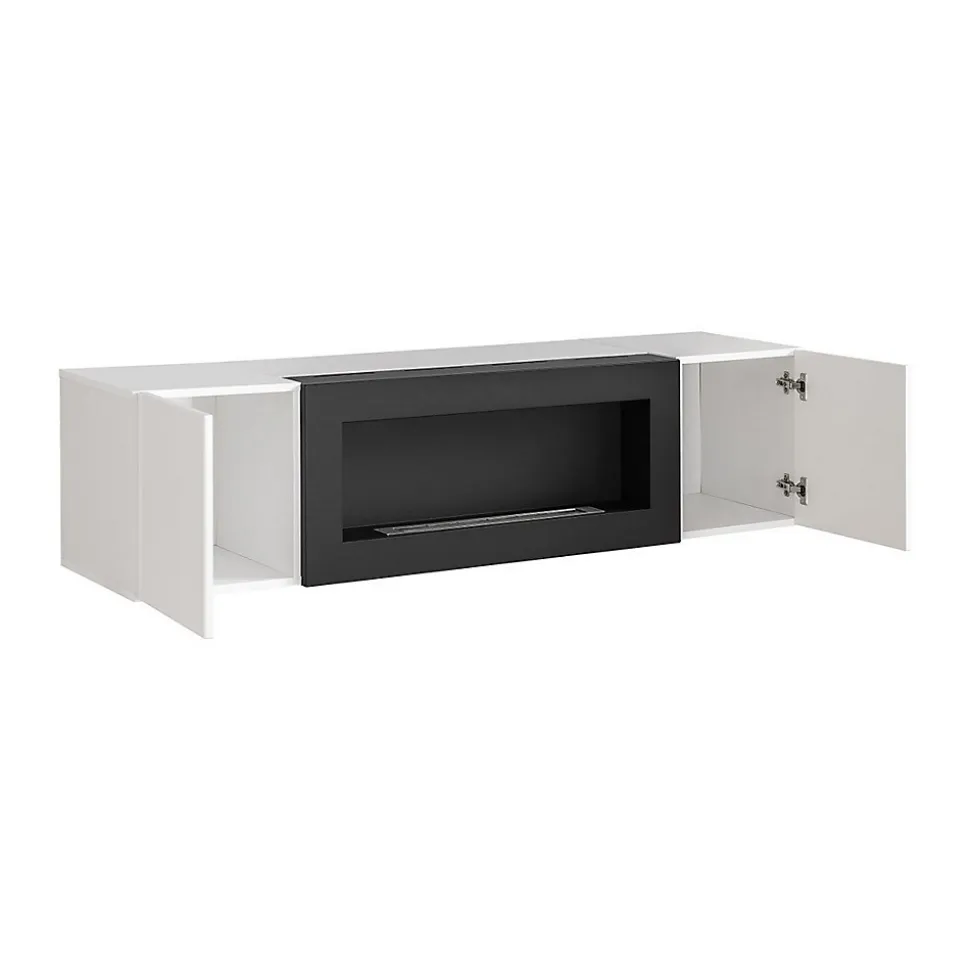 Ensemble de meubles suspendus avec cheminée décorative collection FLY M2. Coloris blanc.