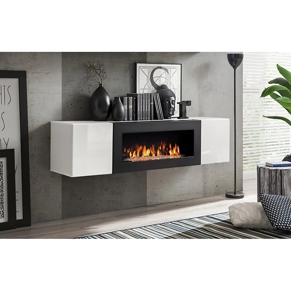 Ensemble de meubles suspendus avec cheminée décorative collection FLY M2. Coloris blanc.