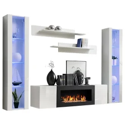 Ensemble de meubles suspendus avec cheminée décorative collection FLY M2. Coloris blanc.