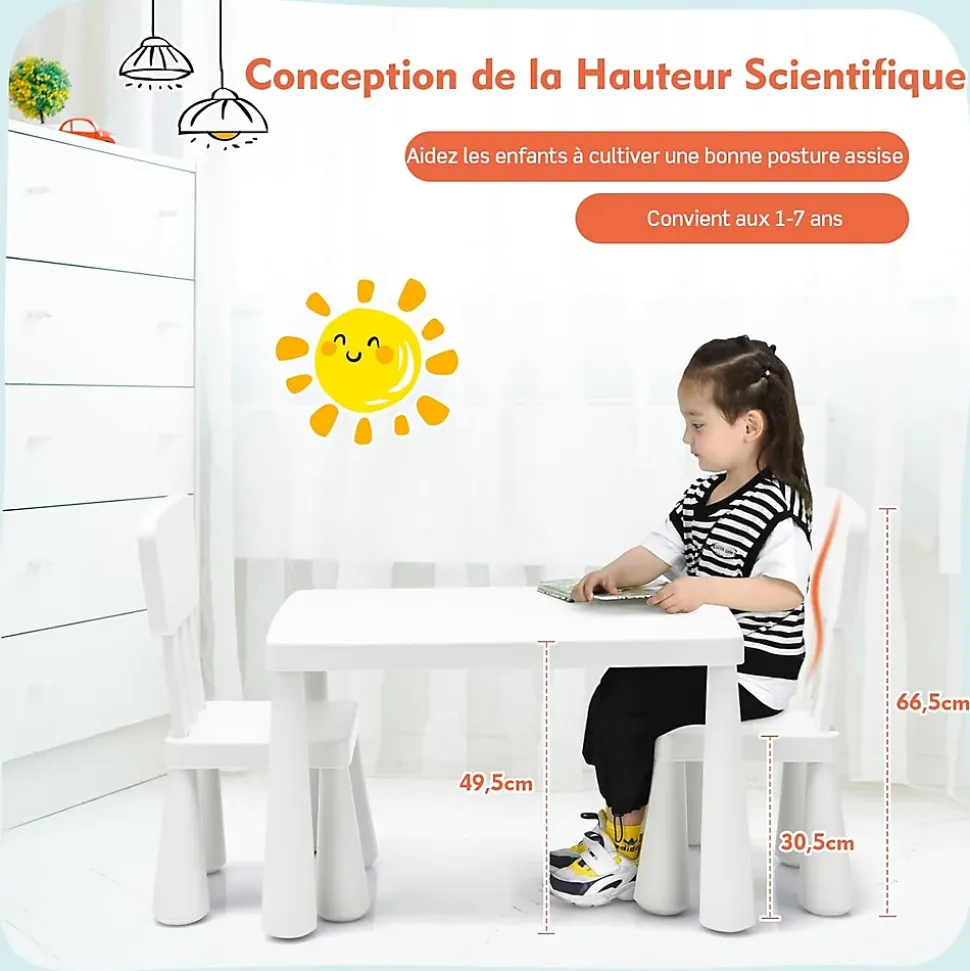 Ensemble de Table et Chaises Table et 2 Chaises en Plastique pour Activités étude Utilisation Intérieure Extérieure Blanc