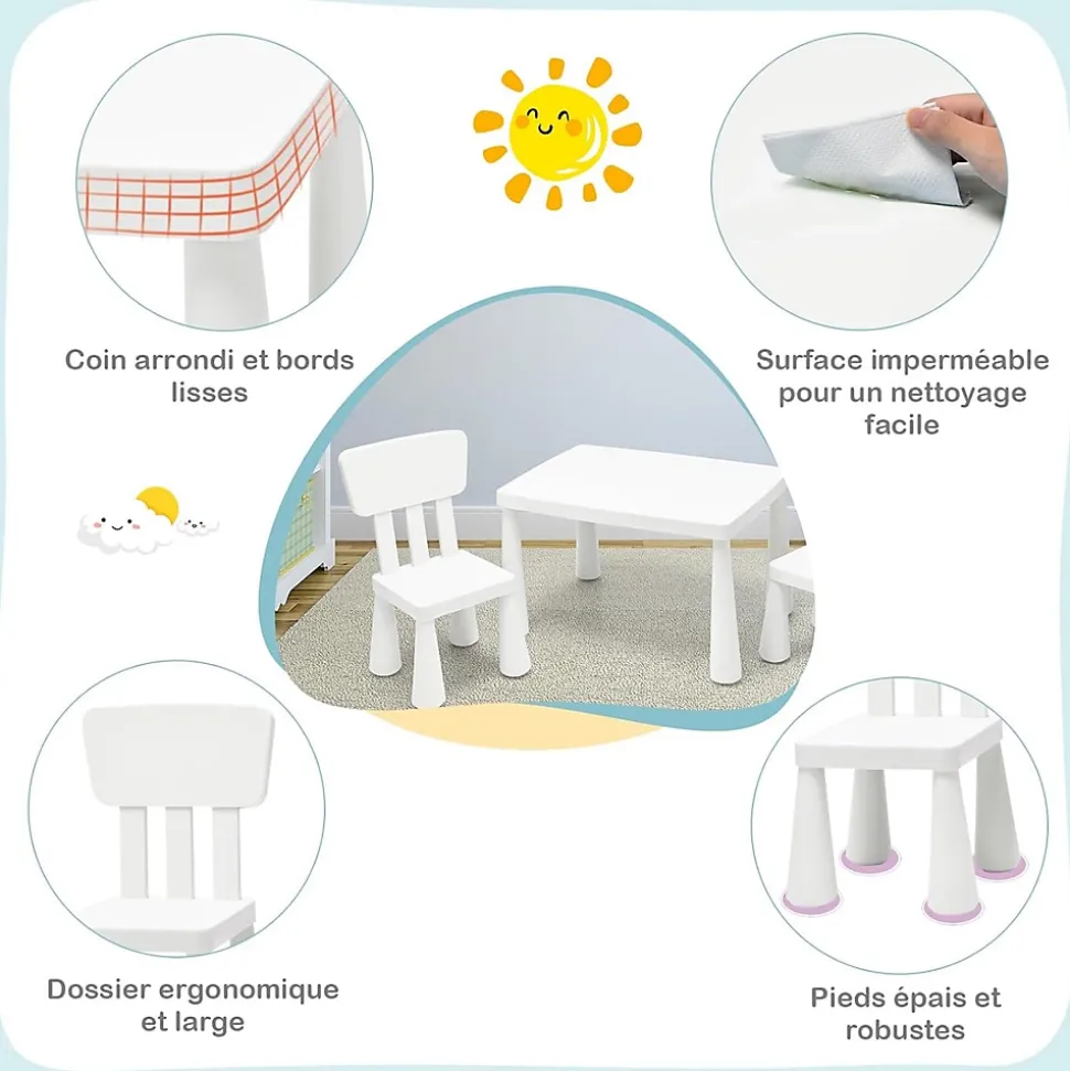 Ensemble de Table et Chaises Table et 2 Chaises en Plastique pour Activités étude Utilisation Intérieure Extérieure Blanc