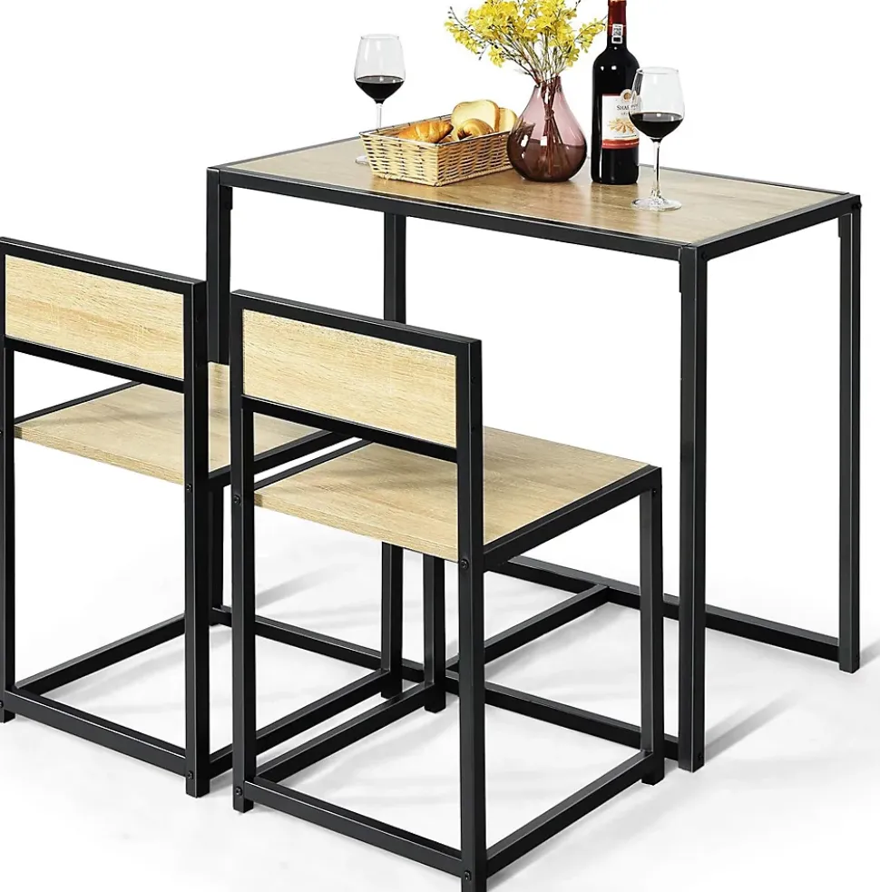 Ensemble de Table et Chaises Compacte et Antiderapante avec Cadre en Metal Table avec 2 Chaises Robuste et Pratique Naturel