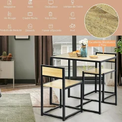 Ensemble de Table et Chaises Compacte et Antiderapante avec Cadre en Metal Table avec 2 Chaises Robuste et Pratique Naturel