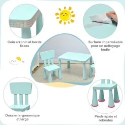 Ensemble de Table et Chaises pour Enfants Table et 2 Chaises en Plastique pour Activités étude Vert