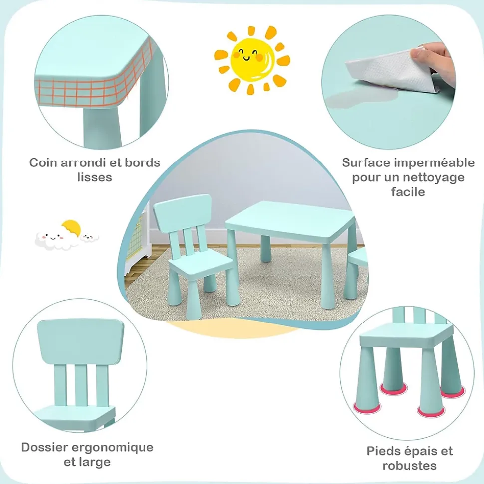 Ensemble de Table et Chaises pour Enfants Table et 2 Chaises en Plastique pour Activités étude Vert