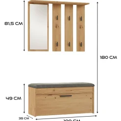 Ensemble d'entrée avec miroir 100 cm PARMANI chêne artisanal