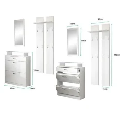 Ensemble d'entrée PAOLA - Blanc/Sonoma brillant - 3 en 1 - Meuble à chaussures, porte-manteau, miroir - Meuble: H105xL89xP24 cm