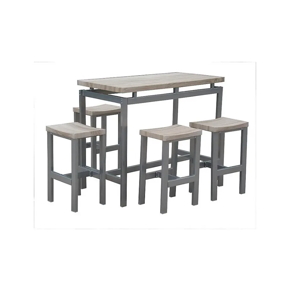 Ensemble design table haute, bar et 4 tabourets LE MANS. Set moderne type industriel, bois et métal.