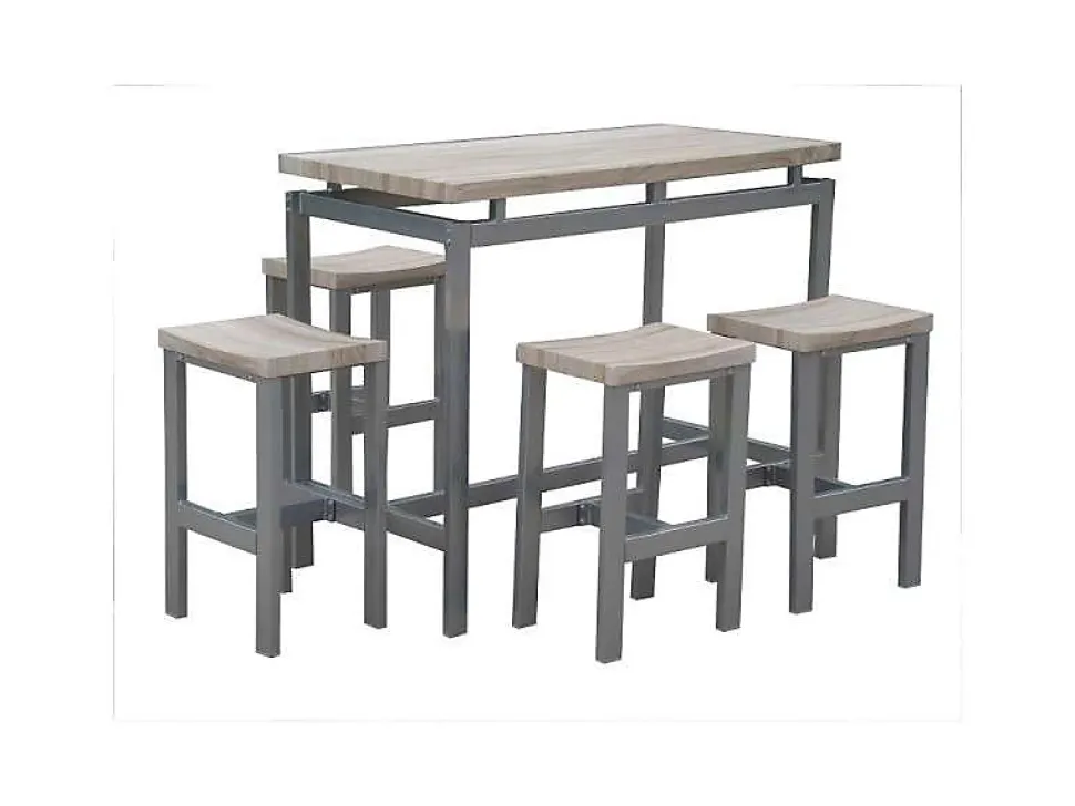 Ensemble design table haute, bar et 4 tabourets LE MANS. Set moderne type industriel, bois et métal.