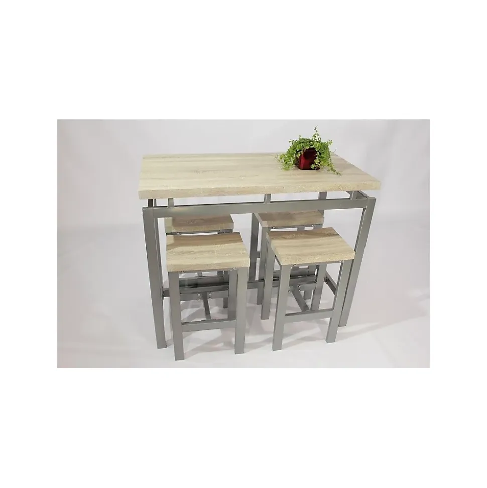 Ensemble design table haute, bar et 4 tabourets LE MANS. Set moderne type industriel, bois et métal.