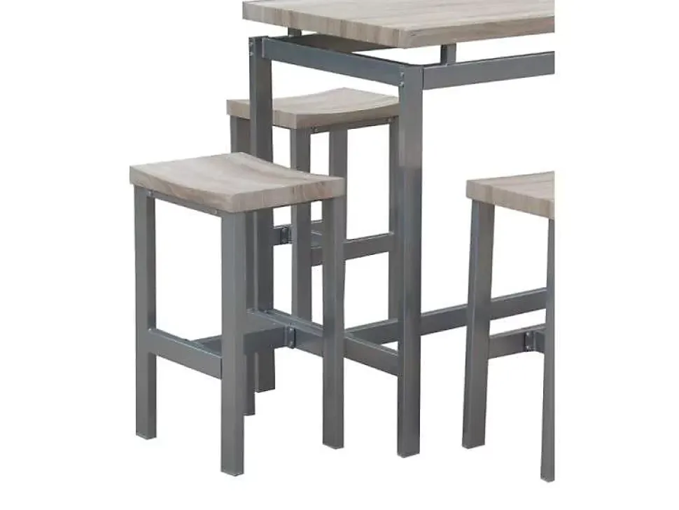 Ensemble design table haute, bar et 4 tabourets LE MANS. Set moderne type industriel, bois et métal.