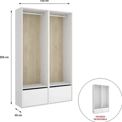 Ensemble dressing avec 2 portes à chaussures et fond d'arrière réversible coloris chêne naturel, blanc
