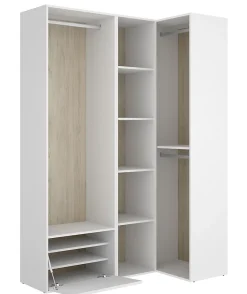 Ensemble dressing d'angle avec portes à chaussures et fond d'arrière réversible coloris chêne naturel, blanc