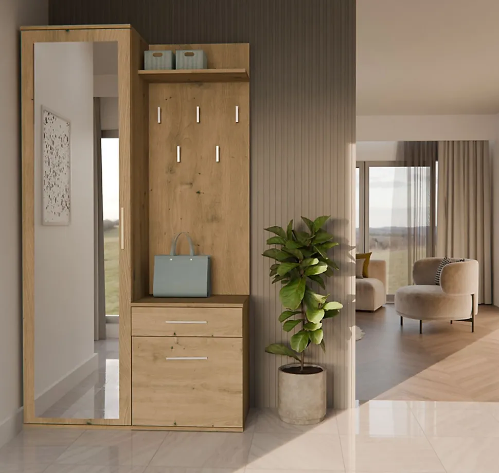 Ensemble entree avec miroir 100 cm chene artisan Duvio