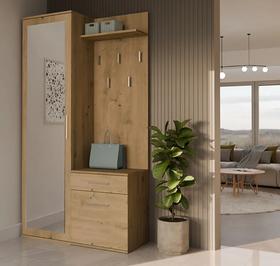 Ensemble entree avec miroir 100 cm chene artisan Duvio