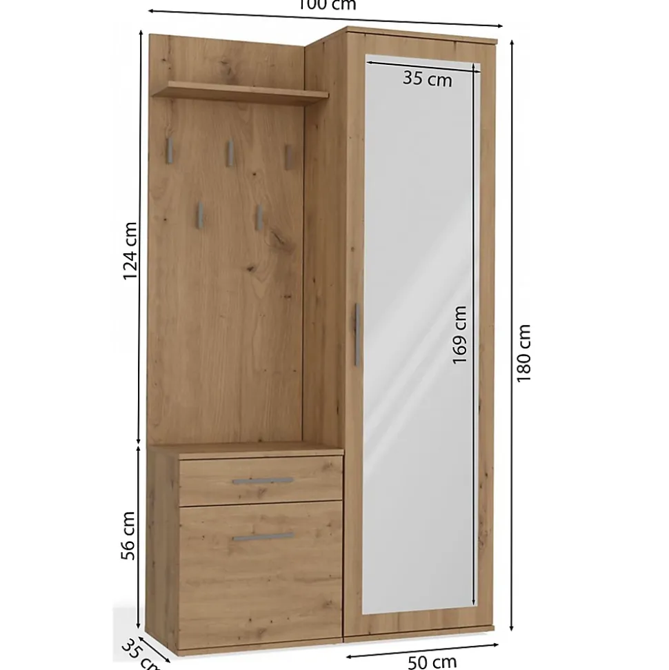 Ensemble entree avec miroir 100 cm chene artisan Duvio