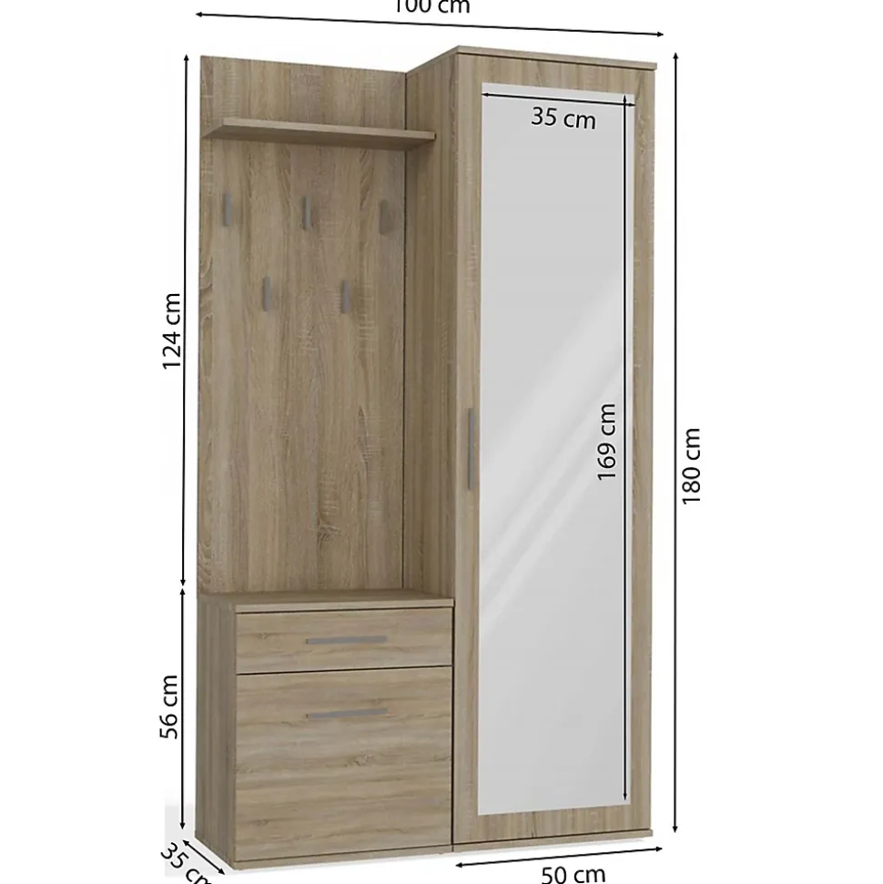 Ensemble entree avec miroir 100 cm chene sonoma Duvio