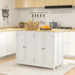 Ensemble îlot central de cuisine 2 tabourets de bar - 4 portes, 2 étagères - plateau, pans rabattable - blanc chêne clair verni