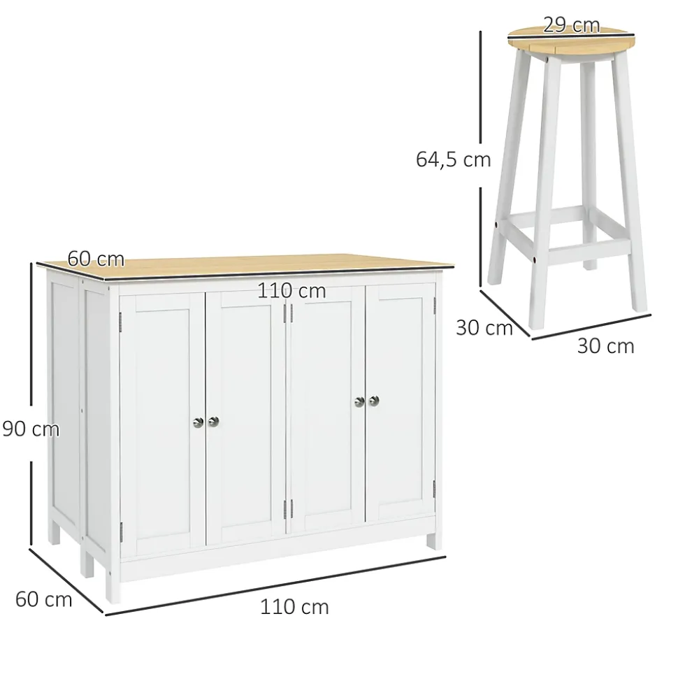 Ensemble îlot central de cuisine 2 tabourets de bar - 4 portes, 2 étagères - plateau, pans rabattable - blanc chêne clair verni
