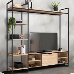 Ensemble meuble TV 170 cm DETROIT avec étagères design industriel